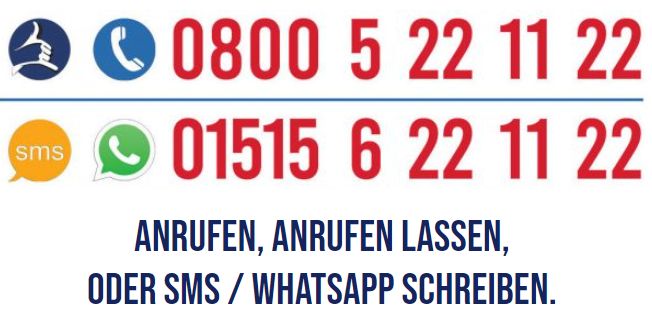 Telefonnummer zur Beantragung von Vermittlung 0800 5 221122 oder 01515 6 221122